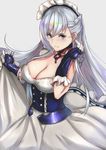  &gt;:) azur_lane belfast_(azur_lane) blue_eyes blush braid breasts chain cleavage closed_mouth collar collarbone commentary_request cowboy_shot dress french_braid highres large_breasts long_hair looking_at_viewer maid maid_headdress silver_hair smile solo v-shaped_eyebrows yami_kyon_oov 