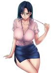  black_hair black_skirt blue_eyes blush breasts cleavage collarbone commentary_request cowboy_shot hair_between_eyes large_breasts long_hair looking_at_viewer naughty_face original pencil_skirt piston_ring ribbed_shirt shirt short_sleeves side_slit skirt solo tongue tongue_out 