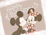  1boy 1girl blush bow disney dress english_text eyes_closed furry iasatay looking_at_another mickey_mouse minnie_mouse mouse open_mouth smile standing suit 