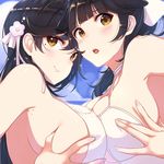  atago_(azur_lane) azur_lane bare_shoulders black_hair blush breast_grab breast_press breast_squeeze breasts brown_eyes choker cleavage commentary_request criss-cross_halter day deep_skin from_side grabbing hair_flaps halterneck highres large_breasts looking_at_viewer mappaninatta mole mole_under_eye multiple_girls outdoors sideboob smile symmetrical_docking takao_(azur_lane) white_bikini_top 