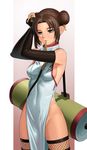  adjusting_hair bangs bare_hips bare_shoulders black_gloves black_legwear blush breasts bridal_gauntlets brown_eyes brown_hair chinese_clothes double_bun dress elbow_gloves fingerless_gloves gloves groin hair_ribbon highres lasterk medium_breasts mouth_hold naruto naruto_(series) no_bra no_panties paid_reward parted_bangs patreon_reward pelvic_curtain ribbon ribbon_in_mouth scroll short_hair side_slit sideboob solo tenten thighhighs underwear 