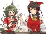  2girls :d animal_ears ascot bare_arms bare_shoulders bow breasts brown_eyes brown_hair chopsticks closed_mouth cloud_print collarbone curly_hair detached_sleeves facepaint fangs food green_eyes green_hair hair_bow hair_tubes hakurei_reimu hand_up hands_up happy holding holding_chopsticks horn hotpot kariyushi_shirt komano_aun large_breasts long_hair looking_at_another medium_hair multiple_girls older open_mouth red_shirt ryuuichi_(f_dragon) shirt short_sleeves side_ponytail simple_background smile table touhou upper_body white_background 
