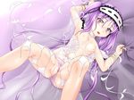  1girl bracelet choker clutching_sheets fate/grand_order fate/hollow_ataraxia fate_(series) flat_chest headband jewelry navel nipples on_back on_bed open_mouth panties panties_aside purple_eyes purple_hair pussy scared stheno thighs 