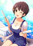  amakan bangs blush breasts brown_eyes brown_hair cleavage collarbone commentary_request food idolmaster idolmaster_cinderella_girls large_breasts oikawa_shizuku one_eye_closed open_mouth overall_shorts overalls popsicle shirt short_hair sitting smile solo sparkle thighs water white_shirt 