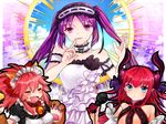  3girls animal_ears blue_eyes collar dragon_girl fate/extra_ccc fate/grand_order fate/hollow_ataraxia fate_(series) halo headband horns lancer_(fate/extra_ccc) looking_at_viewer microphone multiple_girls purple_eyes purple_hair red_hair smile stheno tagme tamamo_cat_(fate/grand_order) 