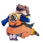  amputee black_hair boots brothers closed_eyes dougi dragon_ball dragon_ball_z facing_away full_body happy hug long_sleeves male_focus multiple_boys open_mouth rochiko_(bgl6751010) siblings simple_background smile son_gohan son_goten spiked_hair squatting time_paradox white_background 