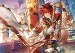  building cloak clock clock_tower cloud cloudy_sky commentary_request elsword elsword_(character) gloves hourglass male_focus outdoors red_eyes red_hair rune_slayer_(elsword) scorpion5050 sky solo tattoo tower zipper 