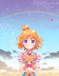  asahina_mirai blonde_hair blouse bow closed_mouth cloud gobou_1000 hair_bow holding holding_stuffed_animal looking_at_viewer mahou_girls_precure! mofurun_(mahou_girls_precure!) petals pink_bow precure purple_eyes rainbow short_hair sky smile solo stuffed_animal stuffed_toy teddy_bear 