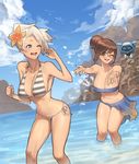  ;d ^_^ bandeau bare_shoulders bikini bird blue_bikini blue_eyes blue_sky breasts brown_eyes brown_hair cleavage closed_eyes cloud cloudy_sky day dutch_angle glasses hair_bun hair_flaps halterneck hood_(james_x) horizon huge_breasts large_breasts mei_(overwatch) mercy_(overwatch) multiple_girls navel one_eye_closed open_mouth outdoors outstretched_hand overwatch platinum_blonde_hair rimless_eyewear sarong short_hair side-tie_bikini sky smile snowball_(overwatch) splashing striped striped_bikini swimsuit wading white_hair 