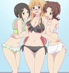  3girls bikini black_hair blonde_hair blush bra breasts brown_eyes brown_hair canon embarrassed green_eyes grope iizuka_yuzu ikeno_kaede large_breasts multiple_girls official open_mouth panties sakura_trick screencap small_breasts smile sonoda_mitsuki swimsuit yuri 