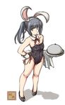  adapted_costume animal_ears black_eyes black_leotard bunny_ears bunny_tail bunnysuit detached_collar flat_chest full_body grey_hair hand_on_hip highres kantai_collection kasumi_(kantai_collection) leotard long_hair looking_at_viewer masamori_ikemo neck_ribbon red_ribbon ribbon serving_dome shadow side_ponytail simple_background solo strapless strapless_leotard tail towel tray white_background wrist_cuffs 