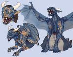  ambiguous_gender blue_eyes blue_scales claws clothing dragon fangs horn membranous_wings noite_azul scales semi-anthro solo torn_clothing transformation wings 