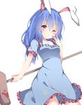  amashi_(qcmrq906) animal_ears bad_id bad_pixiv_id bare_arms blue_dress blue_hair breasts bunny_ears closed_mouth cowboy_shot dress hand_up highres holding kine long_hair looking_at_viewer low-tied_long_hair mallet medium_breasts one_eye_closed puffy_short_sleeves puffy_sleeves red_eyes seiran_(touhou) short_dress short_sleeves simple_background smile solo touhou white_background 