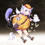  1girl :3 absurdres bag blue_eyes bow bowtie bug butterfly candy d: dragon_girl dragon_horns dragon_tail eyebrows_visible_through_hair food ghost hair_bobbles hair_ornament halloween handbag hat highres horns insect jack-o'-lantern kanna_kamui kobayashi-san_chi_no_maidragon lavender_hair lollipop long_hair looking_at_viewer low_twintails muji_(majunduo) o_o open_mouth pumpkin_costume solo striped striped_legwear tail trick_or_treat twintails wavy_mouth wings 