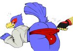  2017 anthro assisted_exposure avian balls bent_over bird blush bubble_butt bulge butt caraiothecario clothed clothing colored daftpatriot disembodied_hand duo edit falco_lombardi feathers looking_back male nintendo partially_clothed simple_background star_fox tail_feathers underwear underwear_pull undressing video_games 