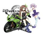  bare_shoulders bow brown_hair choker choujigen_taisen_neptune_vs_sega_hard_girls d-pad d-pad_hair_ornament green_eyes ground_vehicle hair_bow hair_ornament highres if_(choujigen_game_neptune) kawasaki motor_vehicle motorcycle multiple_girls neptune_(choujigen_game_neptune) neptune_(series) purple_eyes purple_hair striped striped_legwear zero_(ray_0805) 