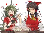  2girls :d =3 ^_^ animal_ears ascot bare_arms bare_shoulders blush bow breasts brown_eyes brown_hair chopsticks closed_eyes closed_mouth cloud_print collarbone curly_hair detached_sleeves eighth_note facepaint fangs food green_eyes green_hair hair_bow hair_tubes hakurei_reimu hand_up hands_up happy heart holding holding_chopsticks horn hotpot kariyushi_shirt komano_aun large_breasts long_hair looking_at_another medium_hair motion_lines multiple_girls musical_note nose_blush older open_mouth red_shirt ryuuichi_(f_dragon) shirt short_sleeves side_ponytail simple_background smile squiggle sweat sweating_profusely table tail tail_wagging touhou upper_body white_background 