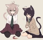  2girls :t ahoge animal_ears antenna_hair bangs beige_background black_hair black_legwear black_skirt blush breasts brown_eyes cardigan cat_ears cat_girl cat_tail closed_mouth clothes_down collared_shirt eyebrows_visible_through_hair green_eyes green_neckwear hair_between_eyes hair_ornament hairband hairband_removed kneehighs light_brown_hair long_sleeves looking_at_viewer medium_breasts multiple_girls natsuki_teru necktie nekomiya_ryuu original pantyhose pleated_skirt pout school_uniform shikibe_ayaka shirt short_hair_with_long_locks sidelocks simple_background sitting skirt sleeves_past_wrists slit_pupils spoken_ellipsis tail wariza white_shirt x_hair_ornament 