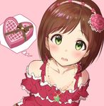  arms_behind_back bangs bare_shoulders blush box brown_hair collarbone commentary_request dress flower frills green_eyes hair_flower hair_ornament hairband heart-shaped_box idolmaster idolmaster_cinderella_girls jewelry looking_at_viewer maekawa_miku necklace open_mouth pink_background red_dress short_hair solo swept_bangs takeashiro thought_bubble wavy_mouth 