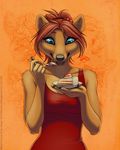  2017 5_fingers anthro black_lips black_nose blue_eyes breasts brown_hair cake canine clothing digital_media_(artwork) dress female food hair holding_object mammal open_mouth shinigamigirl solo teeth tongue wolf 