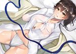  blush breasts brown_eyes brown_hair buttons cleavage collared_shirt covered_nipples fundoshi hair_between_eyes highres japanese_clothes kaga_(kantai_collection) kantai_collection large_breasts long_sleeves looking_at_viewer navel no_bra open_mouth pocket ribbon shirt short_hair side_ponytail solo suika_(atelier-yuu) unbuttoned unbuttoned_shirt underwear white_shirt 