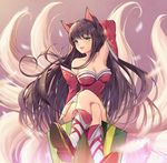  :d ahri animal_ears arm_behind_head arm_up armpits bad_id bad_pixiv_id bangs blush boots crossed_legs detached_sleeves dress fang feathers foreshortening fox_ears fox_tail gradient gradient_background highres knee_boots korean_clothes league_of_legends lee_seok_ho long_hair long_sleeves looking_at_viewer motion_blur multiple_tails open_mouth pillar red_dress signature smile solo sparkle strapless strapless_dress tail tareme very_long_hair whisker_markings white_footwear 
