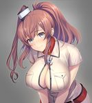  belt blouse blue_eyes blush breast_pocket breasts brown_hair cleavage closed_mouth hair_between_eyes highres kantai_collection large_breasts leaning_forward looking_at_viewer neckerchief open_blouse open_clothes pantsu_majirou pocket ponytail red_belt red_neckwear saratoga_(kantai_collection) side_ponytail sidelocks simple_background smile solo upper_body white_blouse 