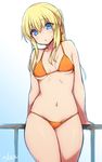  :o arm_support arms_at_sides artist_name bikini blonde_hair blue_eyes blush breasts commentary_request cowboy_shot eyebrows_visible_through_hair fitness_(manga) hair_between_eyes head_tilt long_hair medium_breasts navel orange_bikini parted_lips ponytail railing sidelocks simple_background solo stroma sweatdrop swimsuit thighs 