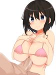  1girl bangs bare_arms black_hair blue_eyes blush breasts closed_mouth clothed_female_nude_male erection eyebrows_visible_through_hair golgi_hon hair_between_eyes hands_on_own_chest hetero huge_breasts micro_bikini_top nude original paizuri penis pink_bikini_top short_hair simple_background skindentation smile white_background 