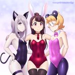  ahoge animal_ears arm_behind_back armpits bangs bare_shoulders bear_ears black_choker black_legwear blonde_hair blunt_bangs blush breasts brown_hair bunny_ears bunnysuit cat_ears cat_tail choker cleavage closed_mouth collarbone covered_navel covered_nipples cowboy_shot detached_collar expressionless eyes_visible_through_hair eyeshadow fake_animal_ears ghettoyouth gradient gradient_background grey_hair hair_over_one_eye half-closed_eyes hand_on_another's_back hand_on_another's_shoulder hand_on_hip highres kagari_atsuko kittysuit leotard little_witch_academia long_hair looking_at_viewer lotte_jansson makeup multiple_girls nail_polish pale_skin pantyhose pink_background pink_eyes pink_leotard pink_nails playboy_bunny_leotard purple_legwear purple_leotard red-framed_eyewear red_choker red_leotard ribbon_choker round_eyewear semi-rimless_eyewear short_hair small_breasts smile standing strapless strapless_leotard sucy_manbavaran tail tareme thigh_gap thigh_strap thighhighs topknot under-rim_eyewear watermark web_address 