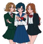  bishoujo_senshi_sailor_moon blonde_hair blue_hair brown_hair com_(com0107) crossover glasses hairband hands_clasped highres hououji_fuu long_hair looking_at_viewer magic_knight_rayearth mizuno_ami multiple_crossover multiple_girls own_hands_together pleated_skirt school_uniform serafuku short_hair skirt tanima_yuri wedding_peach white_background 