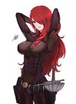  airisubaka arms_behind_head arms_up black_bodysuit bodysuit closed_mouth commentary_request cowboy_shot hair_over_one_eye kirijou_mitsuru long_hair looking_at_viewer persona persona_3 persona_4:_the_ultimate_in_mayonaka_arena rapier red_hair smile solo sword weapon 