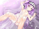  1boy 1girl bracelet choker clutching_sheets cum cum_in_pussy fate/grand_order fate/hollow_ataraxia fate_(series) flat_chest headband jewelry navel nipples on_back on_bed panties panties_aside purple_eyes purple_hair pussy sex stheno thighs vaginal 