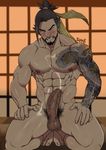  1boy abs barefoot beard black_hair character_request facial_hair hanzo_(overwatch) kneeling male_focus nipples nude overwatch pecs penis pubic_hair solo suyo tagme tattoo testicles toes 