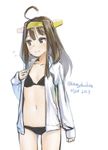  ahoge bikini black_bikini black_swimsuit blush brown_eyes brown_hair commentary_request dated eyebrows_visible_through_hair headband kangoku_kou kantai_collection kongou_(kantai_collection) long_hair looking_away navel nervous nervous_smile open_clothes open_shirt shirt smile solo standing stomach sweatdrop swimsuit twitter_username white_background white_shirt 
