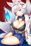  animal_ears azur_lane bare_shoulders blue_eyes blue_skirt breasts cleavage closed_mouth commentary_request fox_ears fox_mask fox_tail kaga_(azur_lane) large_breasts looking_at_viewer mask mask_on_head multiple_tails short_hair sitting skirt smile solo tail white_hair zukky 