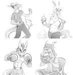  2017 anthro belt beverage book boxing_gloves clothed clothing dragon eastern_dragon eyes_closed female floyd_p._hendrix gloves hair headphones heart_a._chicago male phone reptile scalie shirt shorts simple_background smile spotty-servine styx_y._renegade tarkus_j._queen teeth topless 