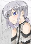  alternate_hairstyle bad_id bad_pixiv_id bare_shoulders blush embarrassed ernesti_echevalier hair_ornament hair_up hairclip highres knight's_&amp;_magic kyouwa male_focus otoko_no_ko ponytail shiny shiny_hair short_hair short_ponytail shoulder_cutout silver_hair sketch smile solo sweatdrop 