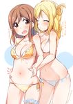  bikini blonde_hair blush breasts brown_eyes brown_hair cleavage closed_eyes cowboy_shot kunikida_hanamaru kurozu leg_garter long_hair looking_at_another love_live! love_live!_sunshine!! medium_breasts multiple_girls ohara_mari simple_background swimsuit translation_request twitter_username 