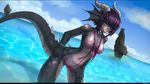  2017 5_fingers anthro bikini breasts clothing curved_horn day digital_media_(artwork) dragon female hair horn iontoon nipples outside purple_eyes purple_hair pussy sky smile solo spines swimsuit water wide_hips 