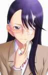  asymmetrical_bangs bangs blazer bonnie_(rsg) cum cum_in_hands cum_on_glasses cum_on_hair facial glasses heartcatch_precure! jacket long_hair looking_at_viewer myoudou_gakuen_high_school_uniform one_eye_closed precure purple_eyes purple_hair ribbon rimless_eyewear solo swept_bangs tsukikage_yuri upper_body white_background 