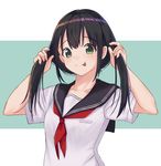  :p arms_up bangs black_hair bunching_hair closed_mouth commentary_request eyebrows_visible_through_hair green_eyes itachi_kanade long_hair looking_at_viewer neckerchief original outside_border red_neckwear school_uniform serafuku short_sleeves simple_background smile solo tongue tongue_out twintails uniform upper_body 