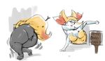  anthro big_butt blush braixen breasts butt female inner_ear_fluff nintendo pok&eacute;mon pok&eacute;mon_(species) pok&eacute;morph puffed_cheeks redfred sign stuck thick_thighs video_games 