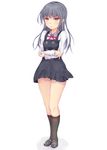  black_legwear commentary_request crossed_arms dress eyebrows_visible_through_hair full_body grey_hair hair_down highres kantai_collection kasumi_(kantai_collection) kneehighs long_hair long_sleeves pinafore_dress remodel_(kantai_collection) school_uniform shiro_usagi simple_background solo standing white_background yellow_eyes 