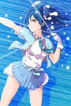  aiming arrow bangs blue_background blue_hair blue_neckwear blue_ribbon blue_skirt bow_(weapon) closed_mouth commentary_request cowboy_shot drawing_bow floating_hair flower from_side gloves hair_between_eyes hair_flower hair_ornament heart highres holding holding_weapon long_hair love_live! love_live!_school_idol_project necktie outstretched_arm ribbon sen_(sen0910) shirt short_sleeves skirt solo sonoda_umi standing weapon white_gloves white_shirt wind yellow_eyes 