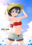  :d adapted_costume bandeau bikini bikini_under_clothes black_hair blue_eyes blush breasts character_name cleavage cloud collarbone cowboy_shot dated flower gecotan groin hair_between_eyes hands_on_headwear hat hat_feather hat_ornament kaban_(kemono_friends) kemono_friends looking_at_viewer medium_breasts navel ocean open_mouth red_bikini shorts sky smile solo straw_hat sunflower swimsuit swimwear unfastened 