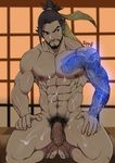  1boy abs barefoot beard black_hair character_request facial_hair hanzo_(overwatch) kneeling male_focus nipples nude overwatch pecs penis pubic_hair solo suyo tagme tattoo testicles toes 