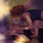  2boys anal bed blush bottomless eyes_closed kingdom_hearts lying multiple_boys pillow riku sex sora steam yaoi 