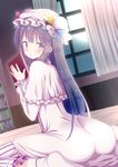  ass bed book capelet commentary_request crescent crescent_hair_ornament curtains dress givuchoko hair_ornament hat holding holding_book long_hair long_sleeves looking_at_viewer mob_cap patchouli_knowledge purple_dress purple_eyes purple_hair touhou very_long_hair window 