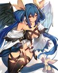  asymmetrical_wings bare_shoulders black_legwear blue_hair blush bow breasts choker closed_mouth commentary_request detached_sleeves dizzy guilty_gear hair_between_eyes large_breasts long_hair long_sleeves looking_at_viewer oro_(sumakaita) red_eyes revealing_clothes smile solo tail tail_bow thighhighs twintails very_long_hair wide_sleeves wings 